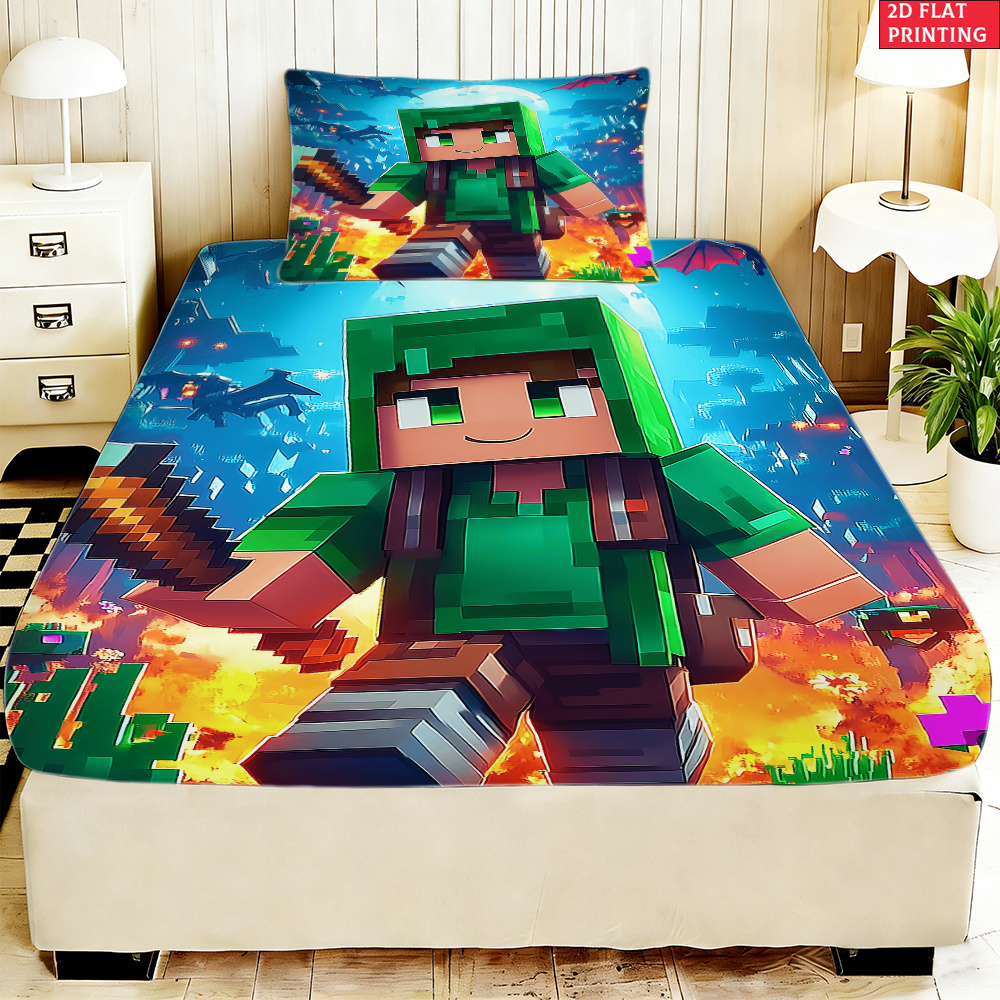 TEMU 2/3pcs 2d Flat Printing Fitted Sheet Green Pixel Character Bedding, Print, For Bedroom Decoration (1 X Fitted Sheet And Pillowcases. Without