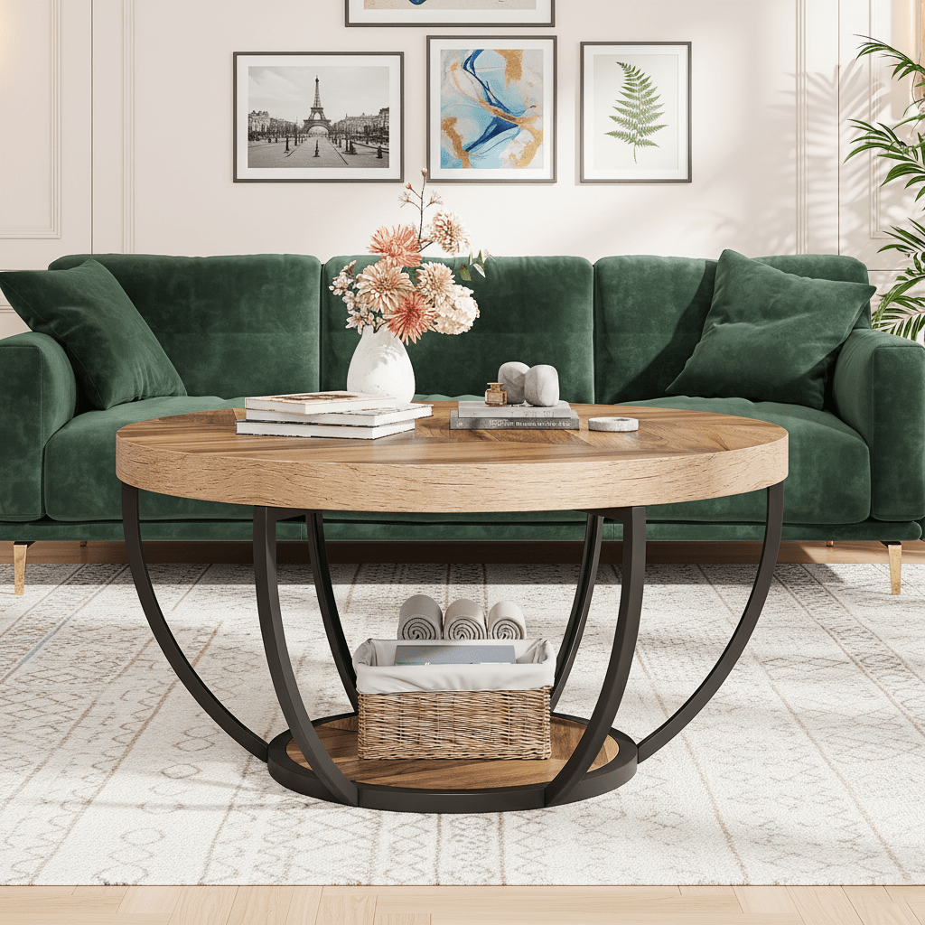 Modern 2-tier Industrial Round Coffee Table With Storage Shelves Wooden Grain Accent Center Table Black Frame Sofa Side Table For Living Room Home Decor 1pc