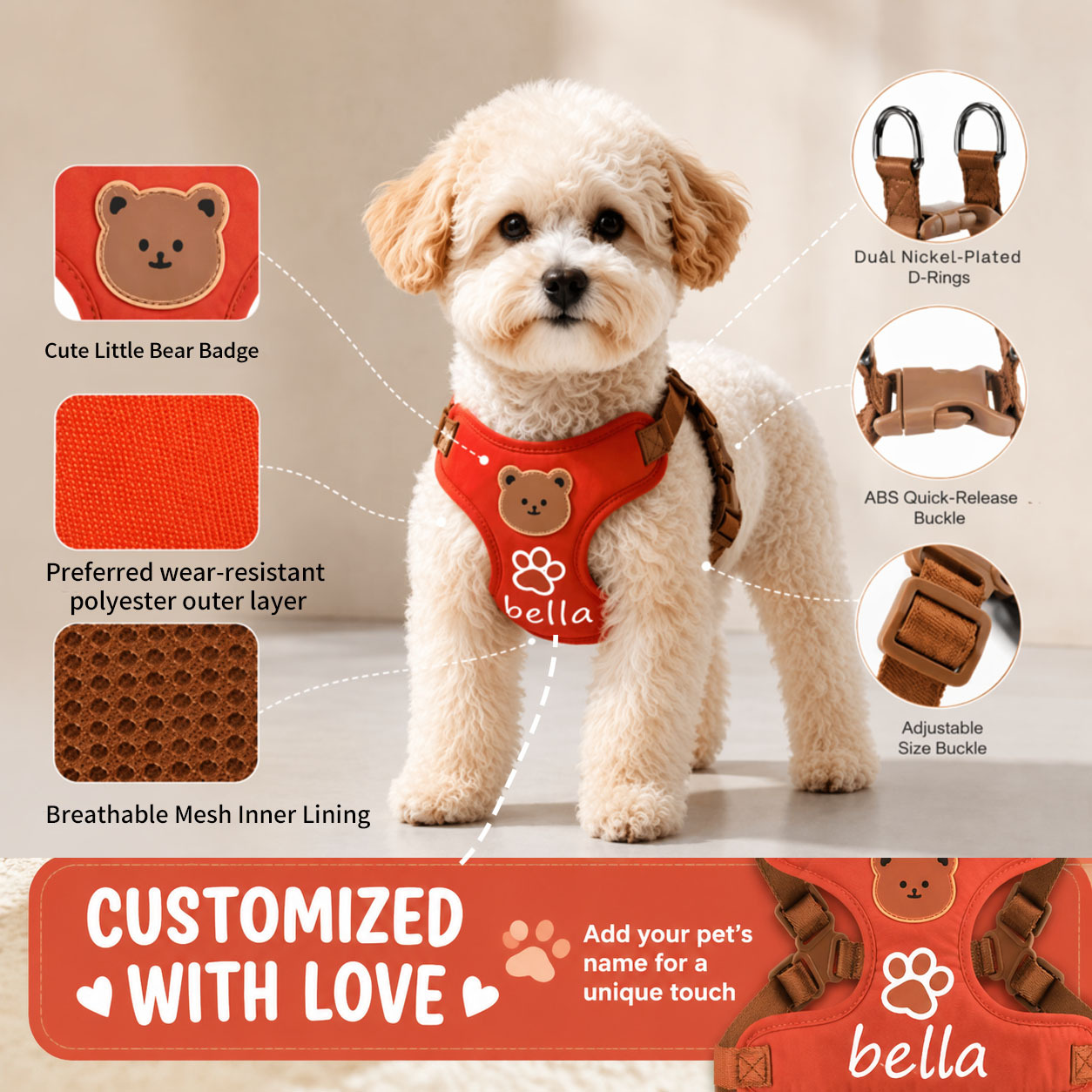 Solid Color Bear Pattern Dog Harness and Leash Set, Adjustable