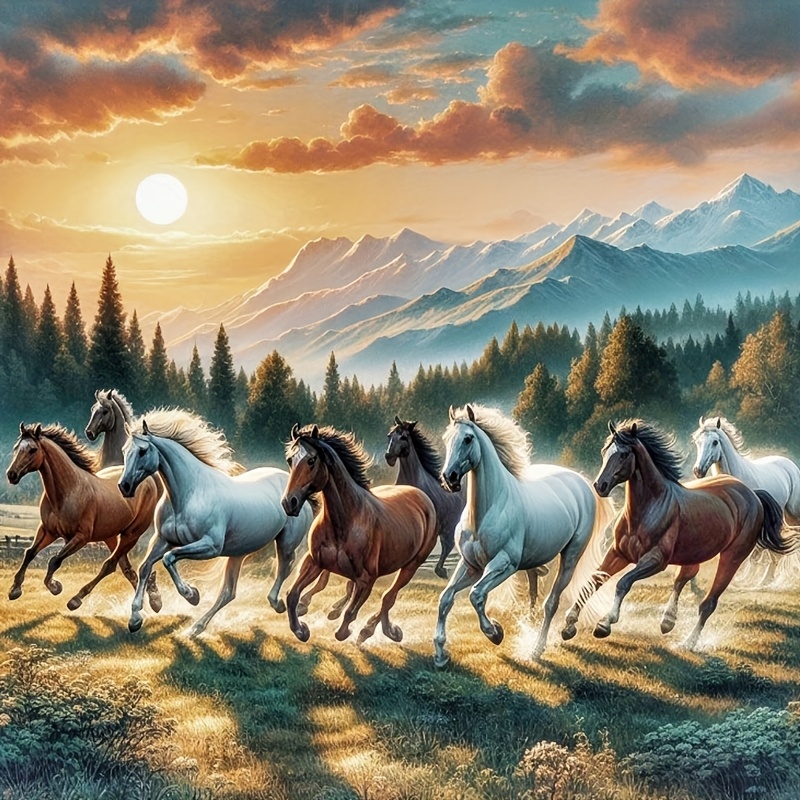 item picture 1pc 5d diamond painting with round diamonds featuring a sunrise running horse and animal scenery art frameless home decoration suitable for interior decor or as a relaxing gift