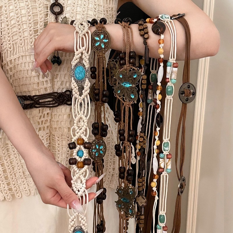 Bohemian braided rope medallion chain style belt Brown Braided Waist Belt with Tassel for Women Bohemian  main image 3