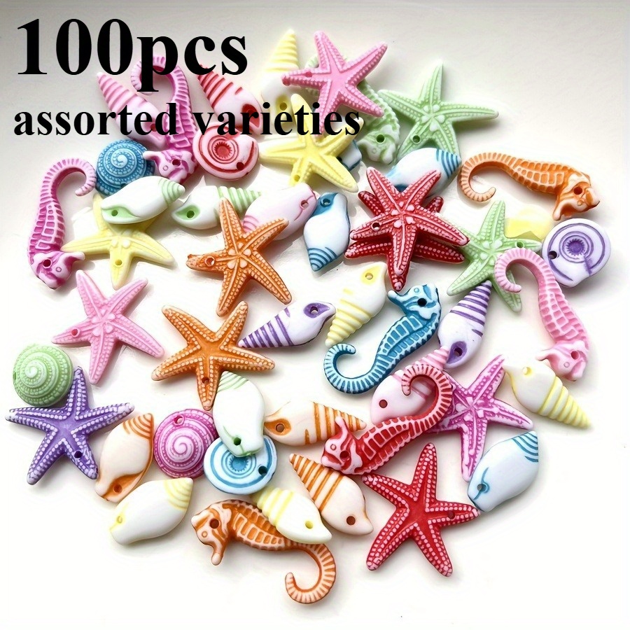 TEMU 100pcs/ Pack Of Acrylic Washed Zhuhai , Mixed With Conch, Starfish, And Seahorse, Suitable For Diy Making Bracelets, Necklaces, Jewelry Beads,