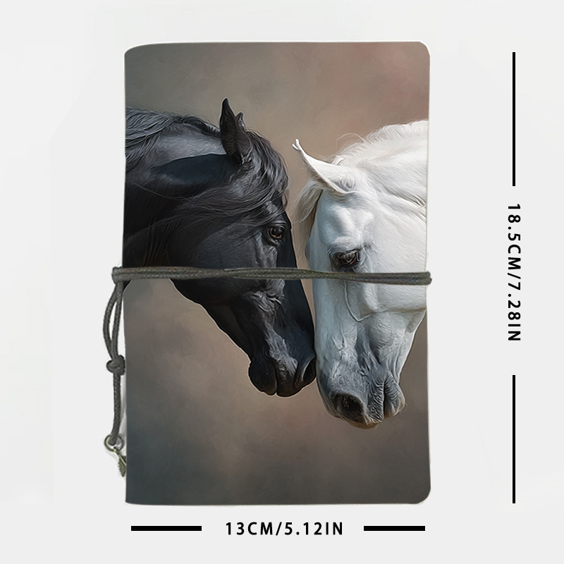 TEMU Luxe Leren Notitieboek - Elegant Paardendesign (Zwart-Witte Omslag) - 160 Pagina's (80 Vellen), Professionele Journal met Afgeronde Hoeken &
