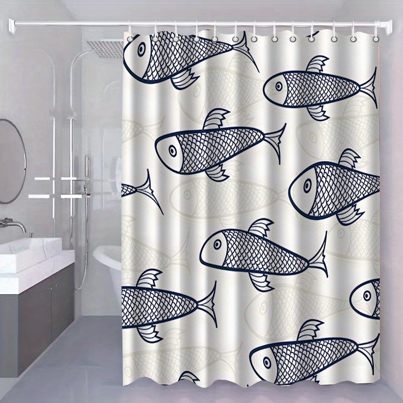 TEMU 1pc With Hook Shower Curtain, Fish And Shadow Printed Pattern, High-end And Elegant, Machine-washable, Suitable For Bathroom And Window