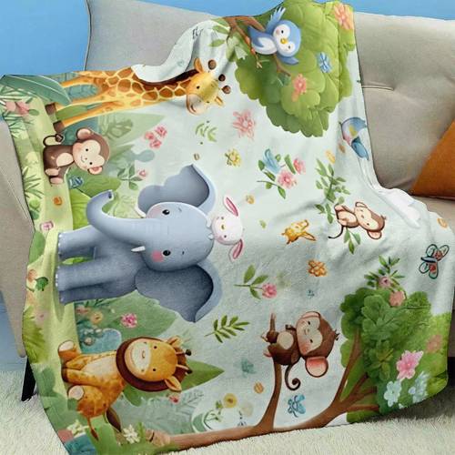 item picture fun cartoon jungle print small throw blanket featuring adorable giraffes monkeys elephants and other animal figures along with plant and floral patterns in multiple sizes comfortable and lightweight