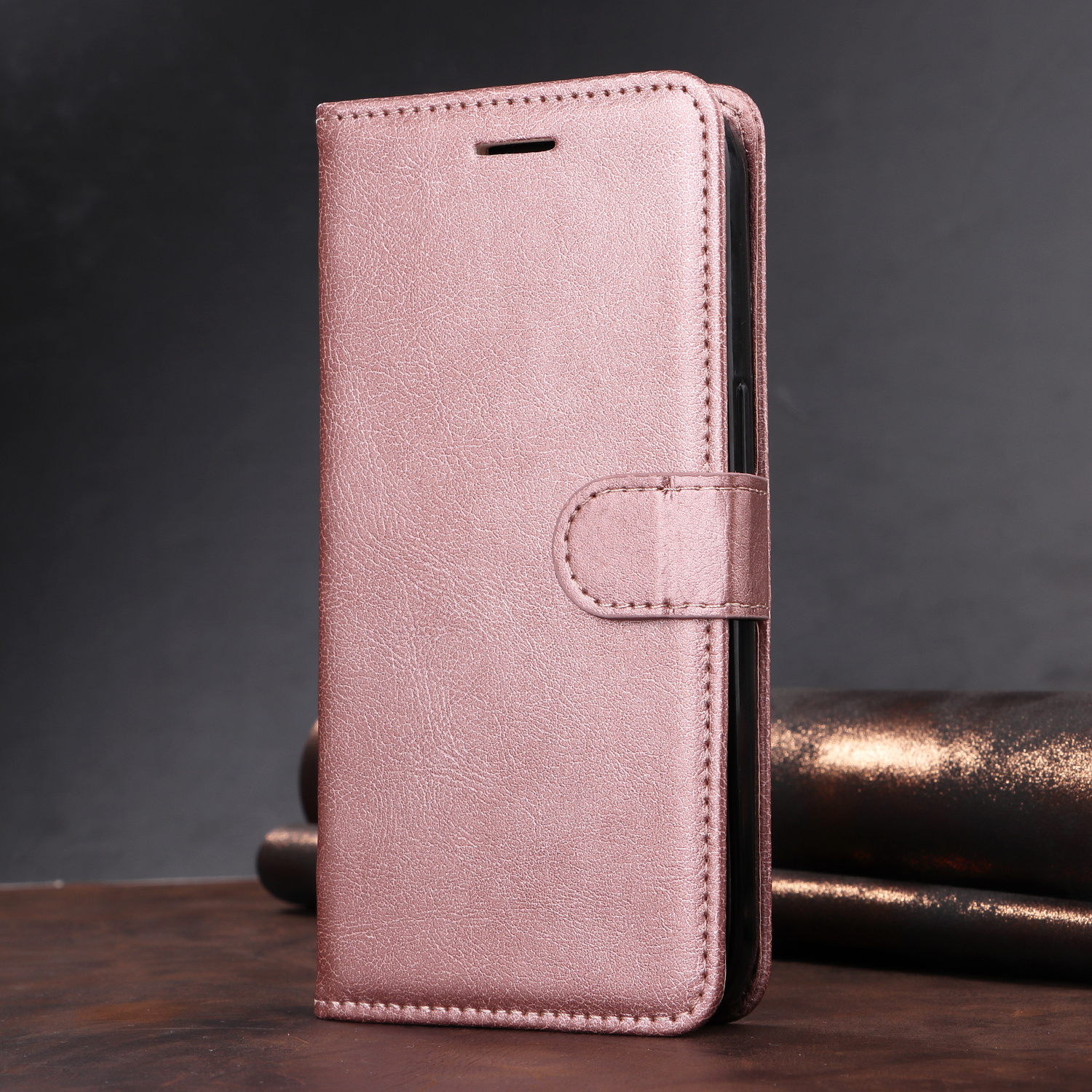 TEMU Rose Golden Synthetic Leather Pattern Lanyard Phone Case Flip Wallet Simple Creative Double-fold Wallet Card Slot Leather Case Anti-skimming