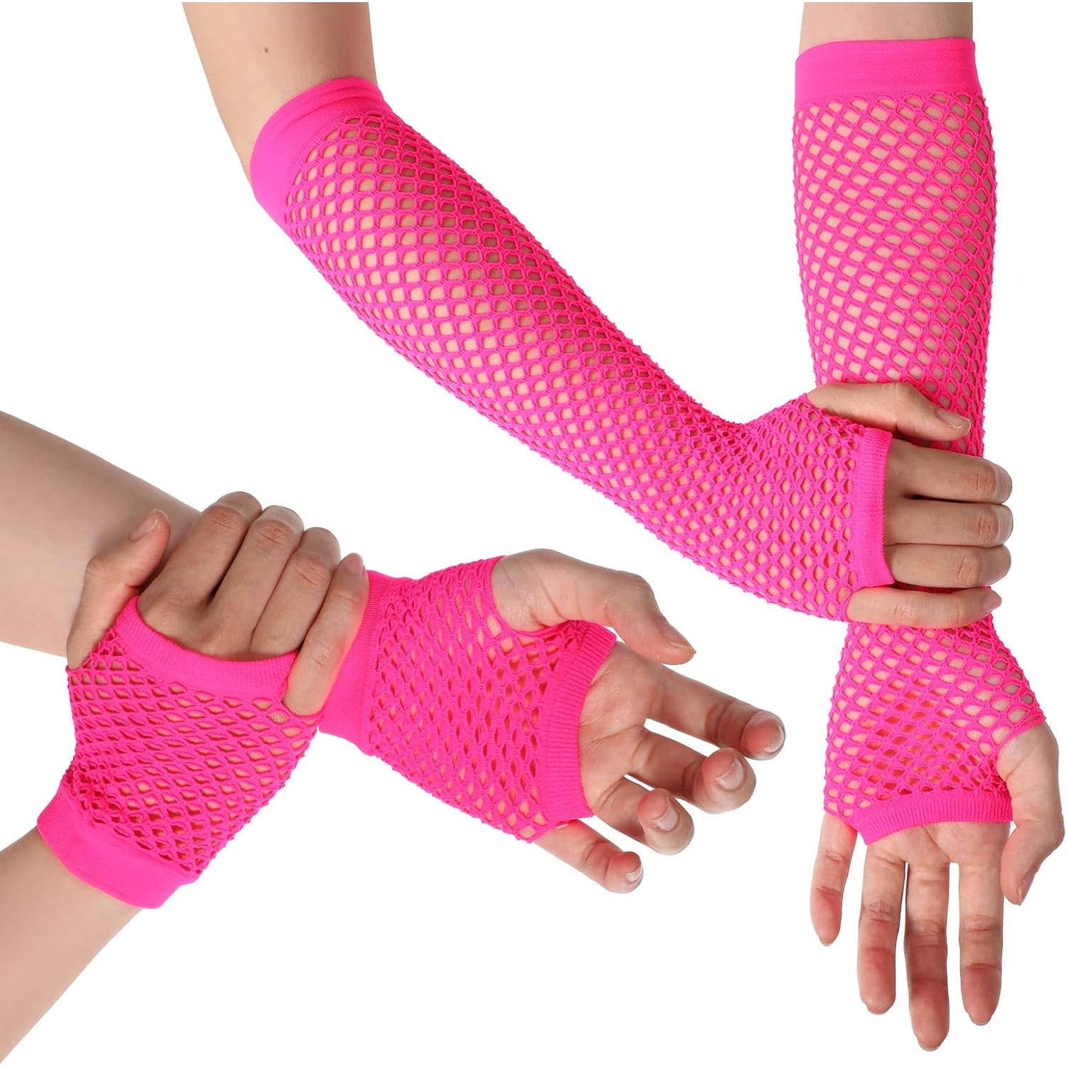 Image of 4pcs Fishnet Gloves | 1 Pair Long + 1 Pair Short Fingerless Gloves For Women | 80s Retro Costume For Band Performances, Halloween, Party Bars, Nightclubs, Birthday Party | And Spandex Material