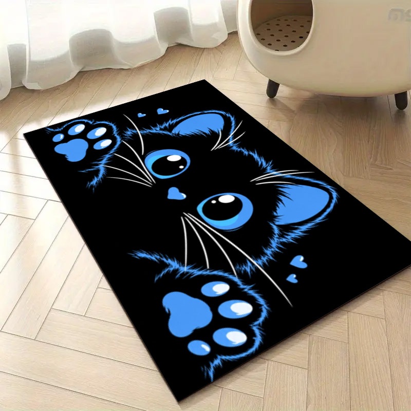 TEMU Adorable Cat Feeding Mat Featuring A Small Black Kitten Peeking Out With Blue Decorations. Made Of Diatomite, In Multiple Sizes. A Non-slip Pet