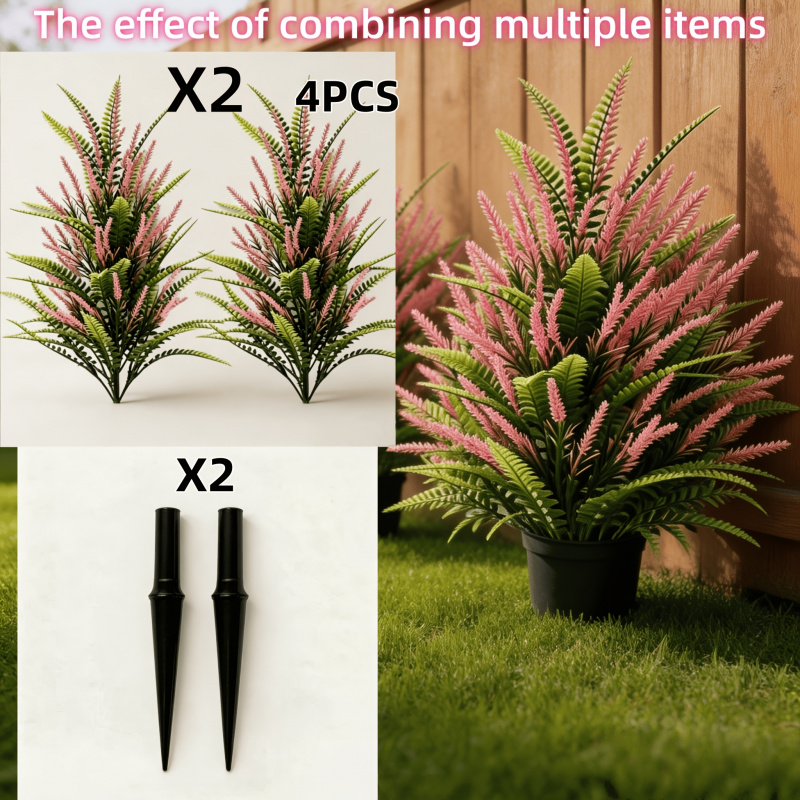 TEMU 4pcs Set/large Outdoor Plants*2/with Ground Stakes*2, Spring And Summer Garden Decoration, Artificial Ferns With Artificial Lavender,