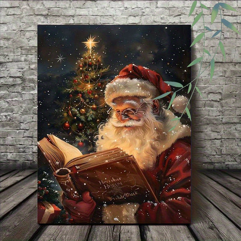 TEMU 2d Flat, 1pc Wooden Framed Canvas Painting- Santa Claus Reading 'twas Before Christmas' Under Festive Tree, Ready-to-hang Holiday Wall Art For