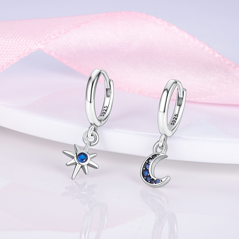 Women's 925 Sterling Silver Moon and Star Earrings, Minimalist