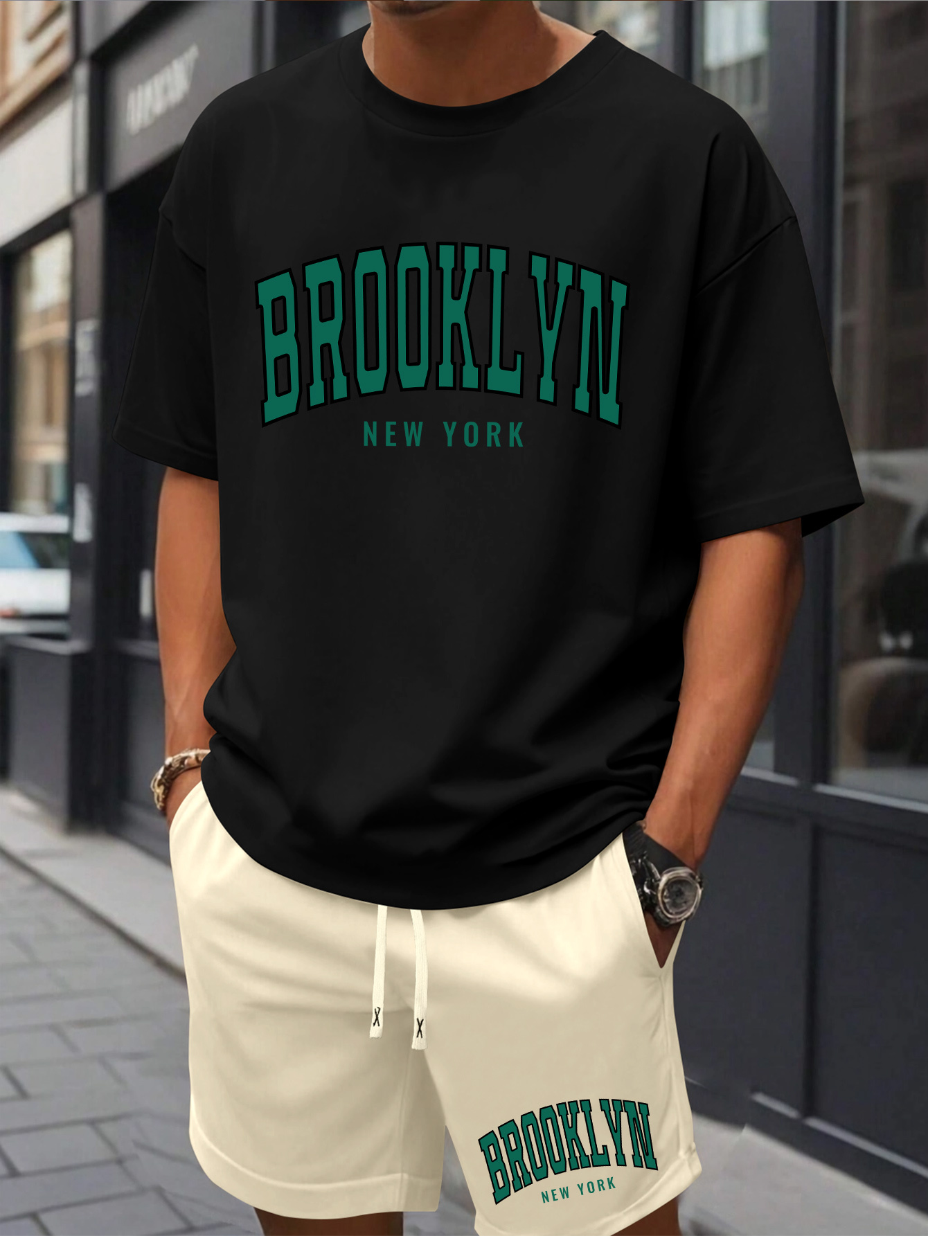 Men'S Brooklyn New York Print Cotton T-Shirt & Shorts Set - Casual Crew Neck, Short Sleeve, Loose Fit, Summer Outfit with Pockets, White with Green Lettering, Beachwear Clothing|Relaxed Fit Shorts|Pocketed Tshir
