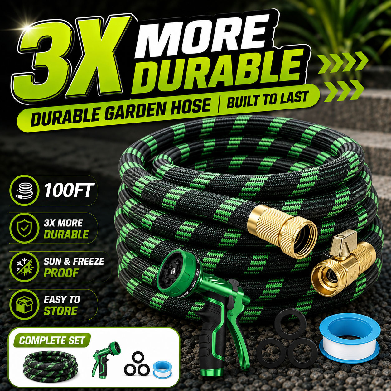 TEMU 100/75/50/25ft Garden Water Pipe With 10-function High-pressure Spray Nozzle, Portable Durable Water Pipe For Yard, Lawn, Car Wash And Outdoor