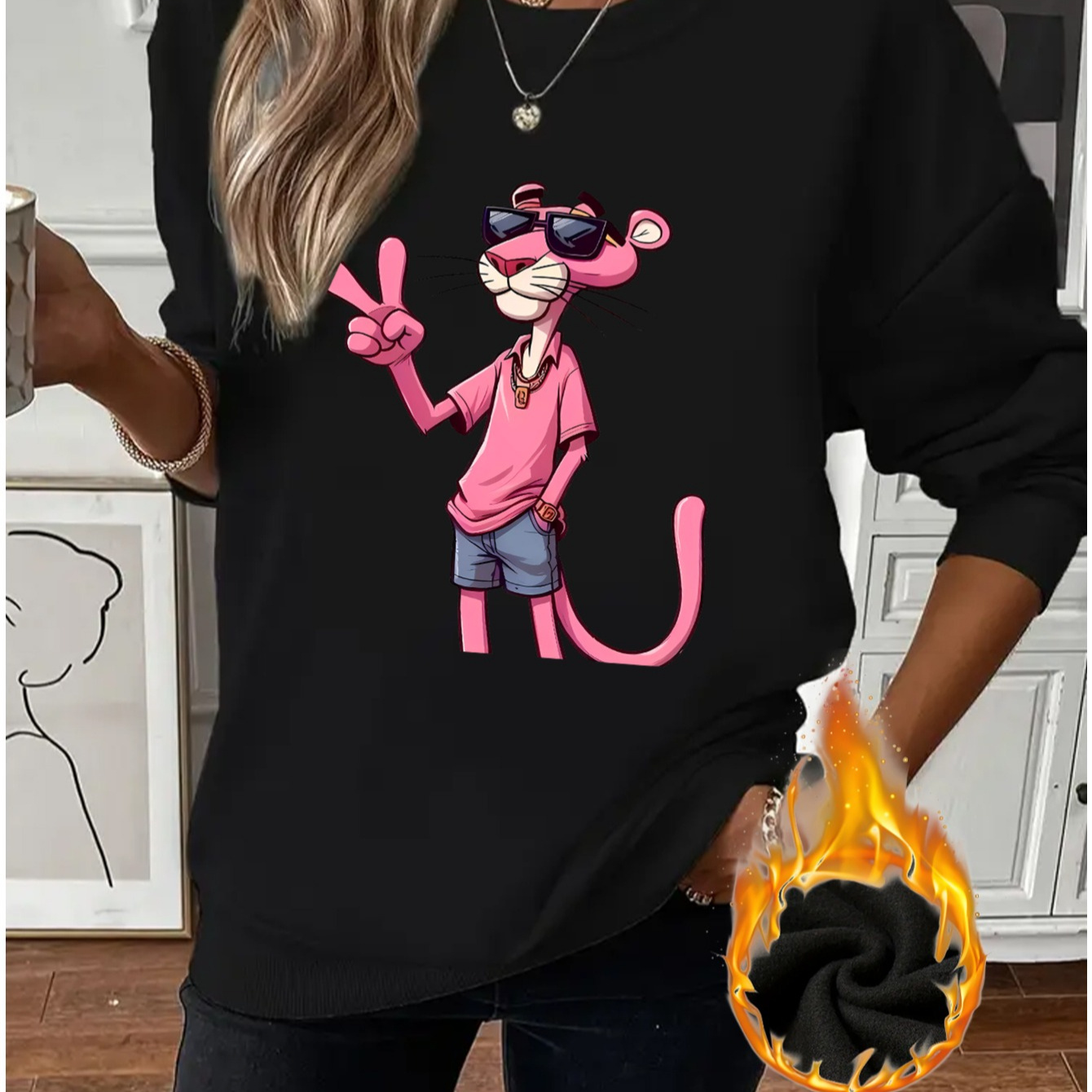 

Women's Pink Panther Cartoon Print Pullover Sweatshirt - Casual Fleece-lined, , Cozy, Round Neck, Long Sleeve Knit Top For Fall And Winter