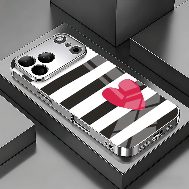 TEMU Phone Case: 2d Flat Black And White Striped Heart Phone Case, Suitable For Iphone 17 16 15 14 13 12 11 Pro Xr Xsmax 8 7 Plus Air, Drop-resistant