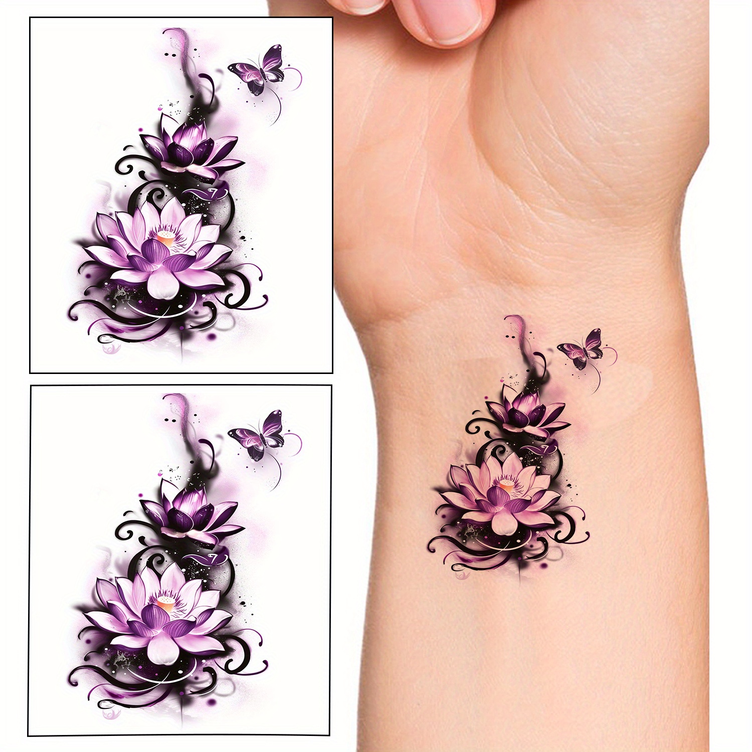 Image of 2 Sheets Purple For Lotus And Temporary Tattoos Tattoo Body Art Stickers For Party Decor & Favors Fake Tattoos Neck Arm Chest For Women Men Adults