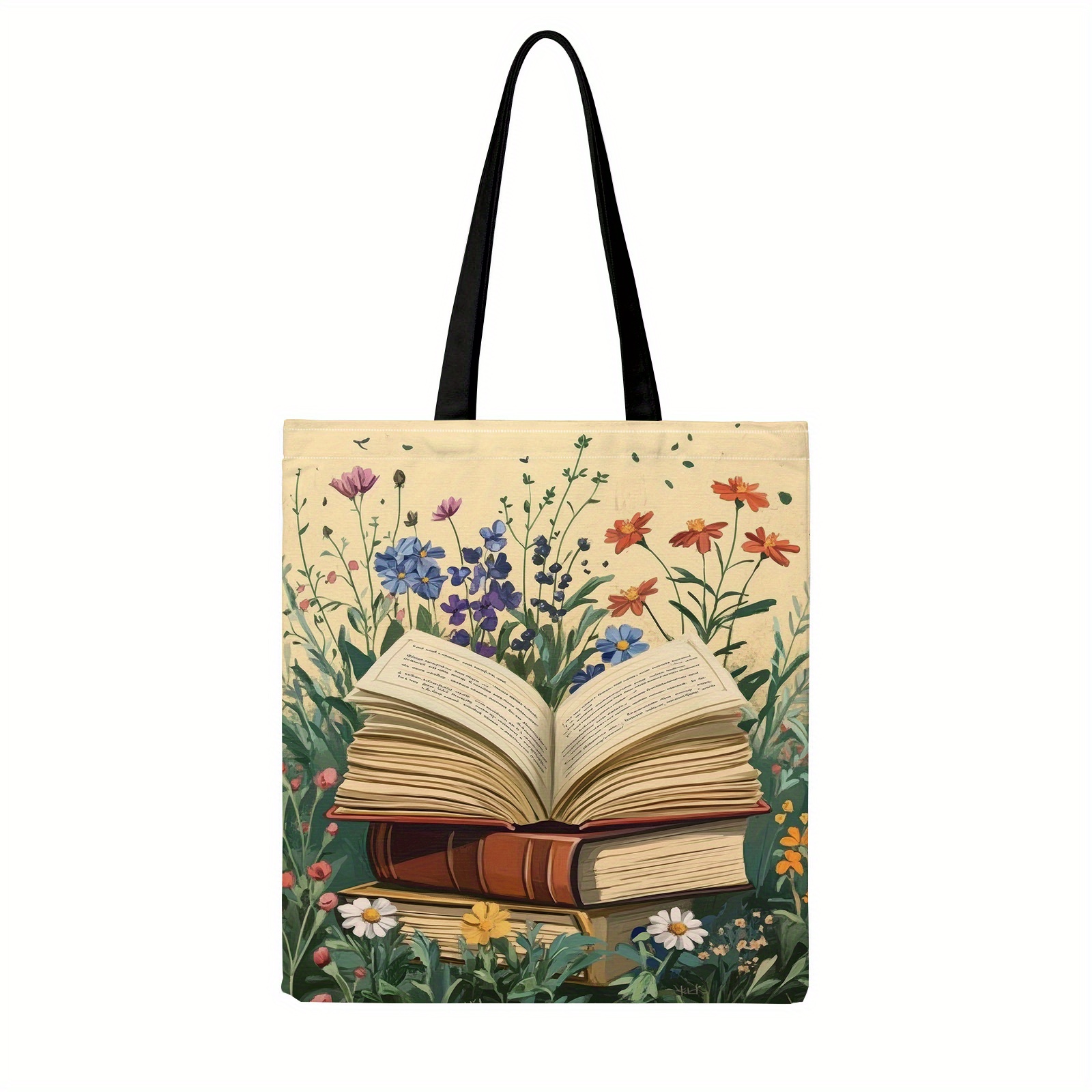 TEMU A Canvas Tote Bag With Floral Prints, Stylish And Spacious, Suitable For Women As A Casual Shopping Bag, And Reusable, Serving As A Book Carrier