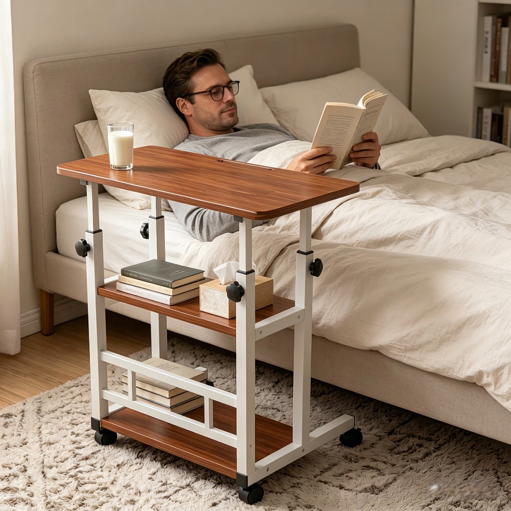 Height Adjustable Computer Desk with Storage Shelf and Wheels, Mobile Rolling Desk for Home Office, Small Space Study Workstation Desk