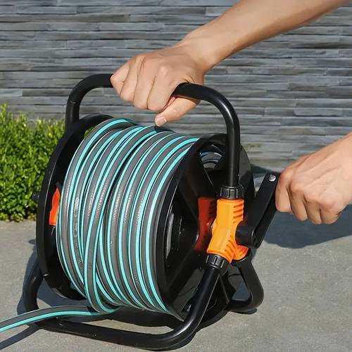 heavy duty garden hose reel with foldable handle curly design for free installation storage lightweight portable ideal for lawn garage washing gardening compatible with standard faucets plastic outdoor cleaning