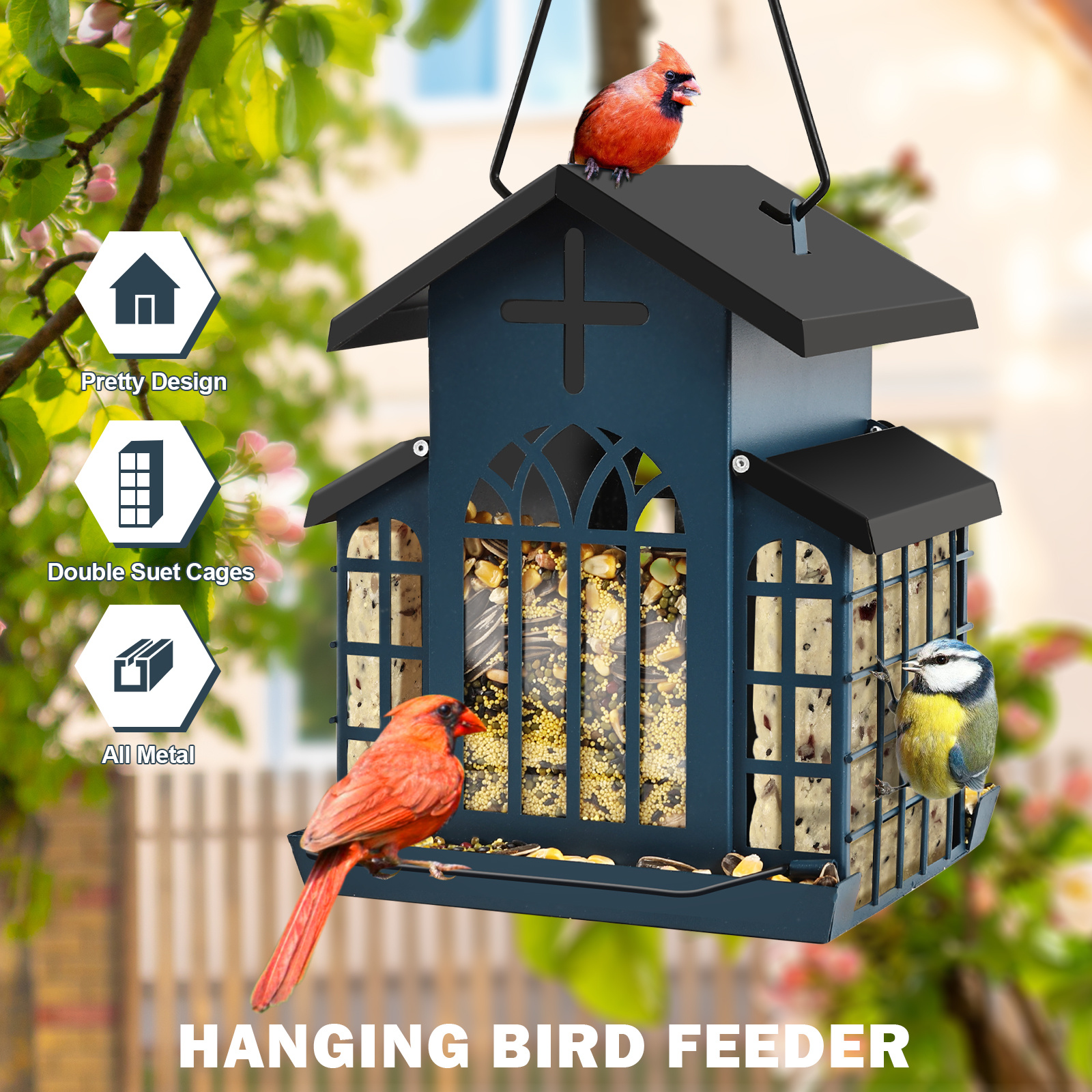 TEMU Bird Feeders For Outdoors, Metal Bird Feeder With 3 Mesh Side Cages, Large Capacity, Bird Feeders For Outdoors Hanging For Attracting Small