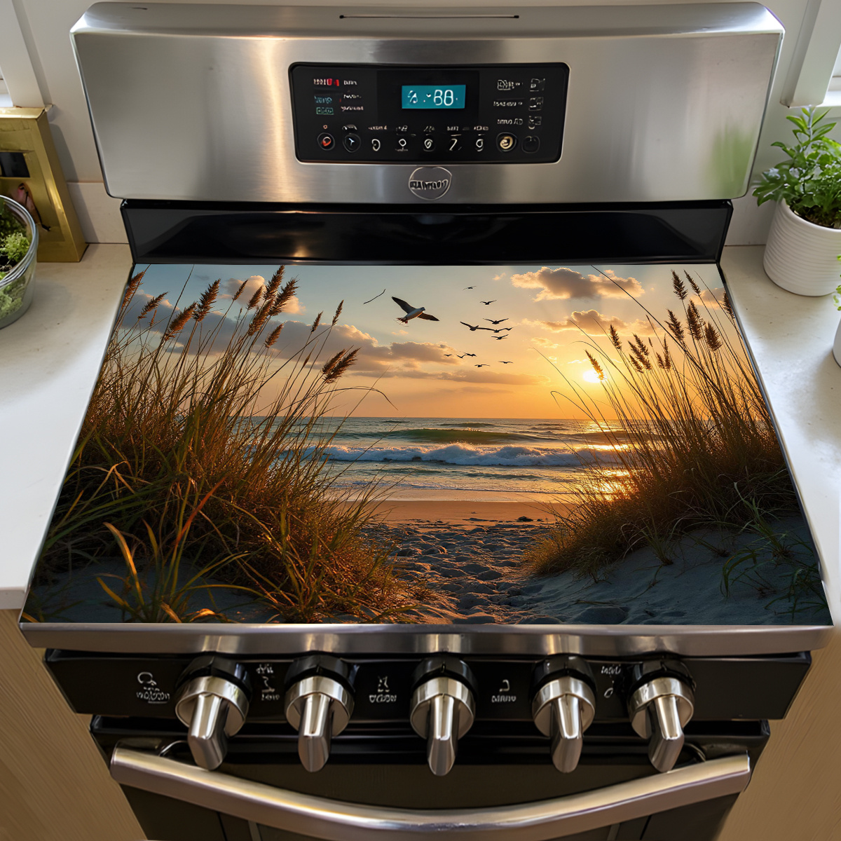 Image of 1pc Heat-resistant Glass Stove Top Cover With Scene, & Waves Design - Dish Drying Ceramic Washer Mat, Decorative Kitchen Appliance Cover For Electric Cooktops, Stove Cover, Durable Cooktop Protector