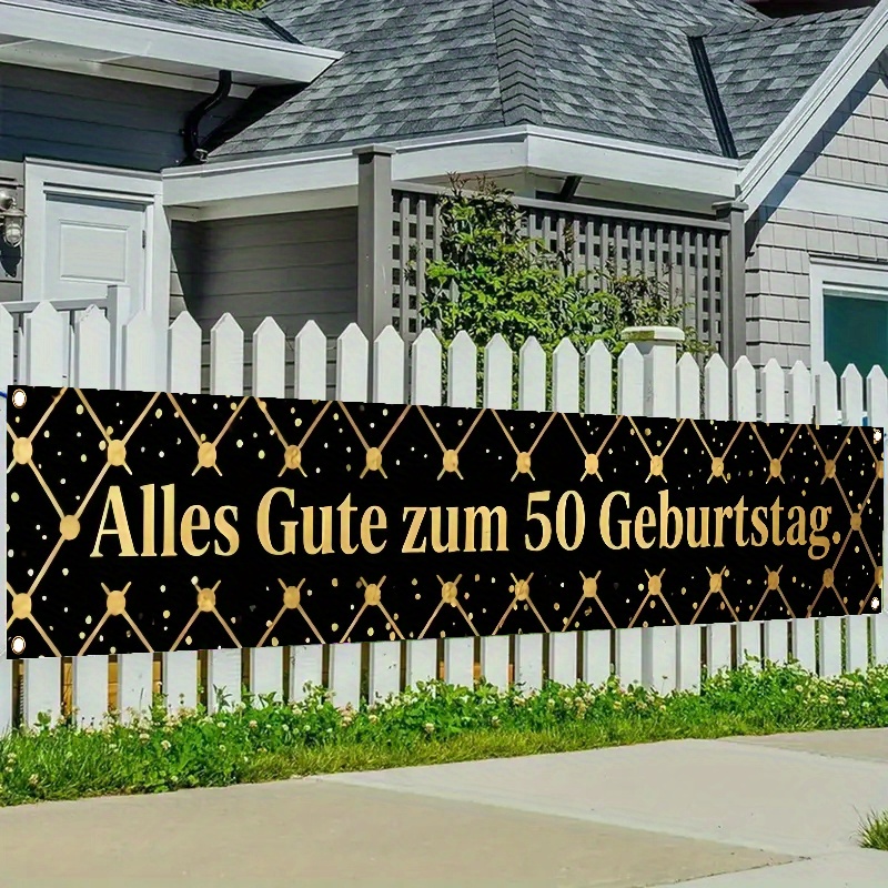 TEMU 2D Flat - 2D Flat Druckbanner, . 50. Geburtstagsbanner - Deutsch "Happy 50th Birthday" Schwarz & Goldene Polyester Dekoration mit Sternen &