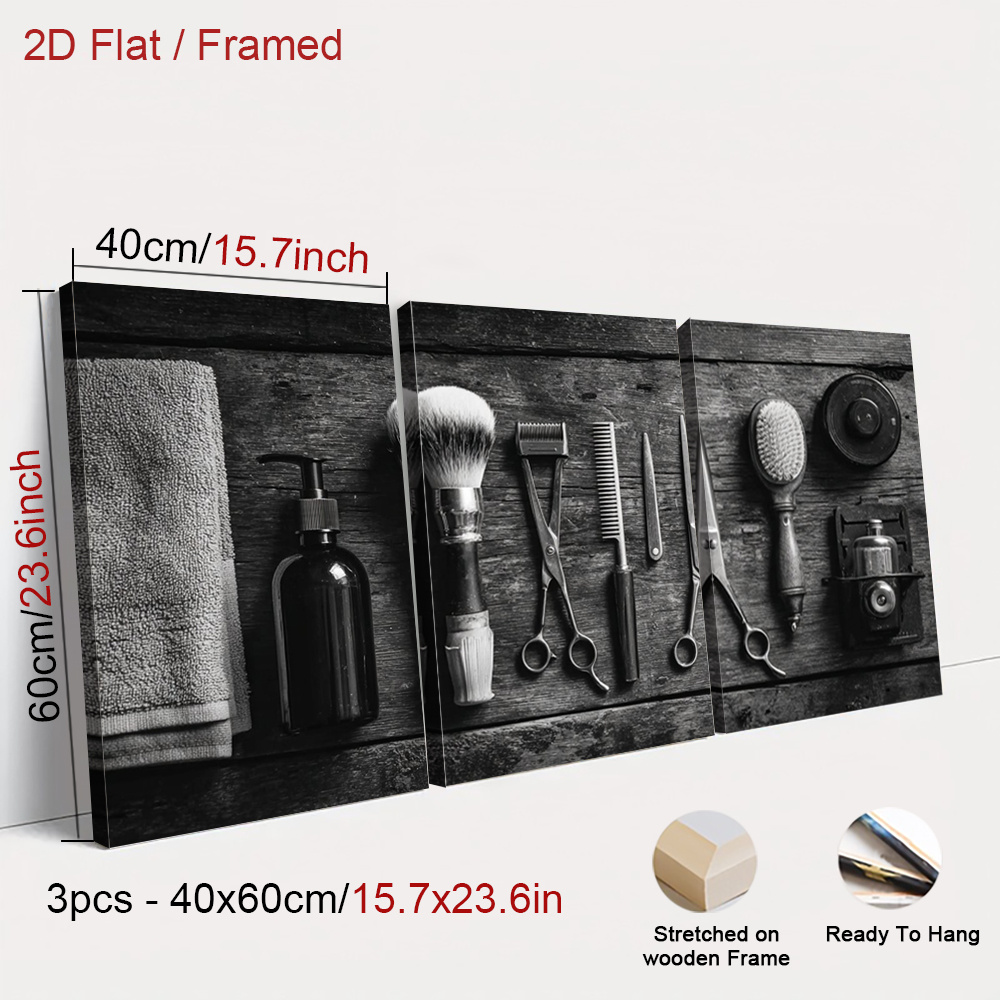 TEMU 2d Flat, 2d Flat, 3pcs Framed Minimalist Grooming Wall Arts, Vintage Barbershop Tools Wall Decor Poster, Black And Wall Art, Classic Art Prints,