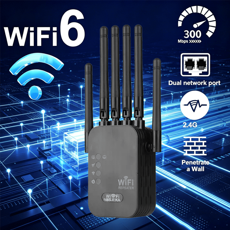 Wireless Wifi Repeater 300mbps 2.4ghz , 6 , 360° Coverage Up To 1000 , With Ethernet Port, Suitable For Home Coffee Shops And Offices