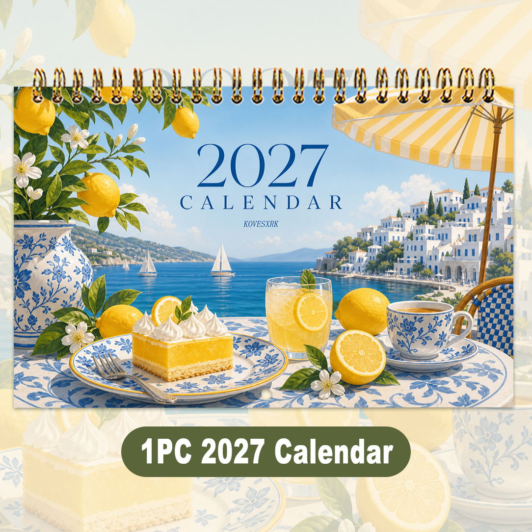 TEMU 1pc 2027 -themed Calendar | Mediterranean Art Wall Calendar | 8.3x5.5 Inches | 12 Months Monthly Planner | Clear Date Grid Easy To Write |