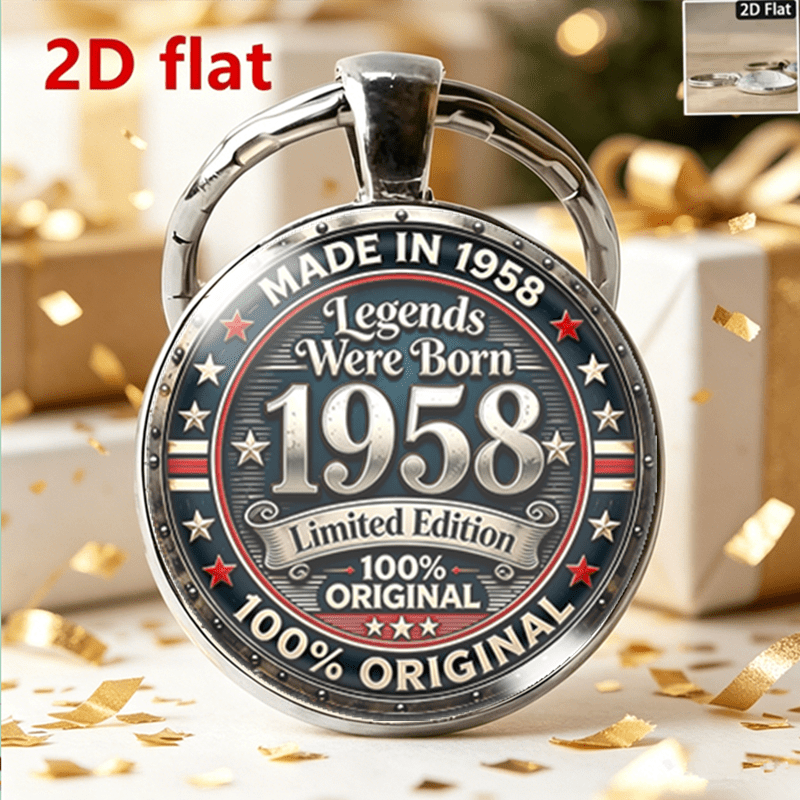 TEMU 2d Flat, 2d Flat Alloy Glass Keychain With " Born 1958" Vintage Commemorative Logo Pattern In English - Suitable For People Born In 1958, An