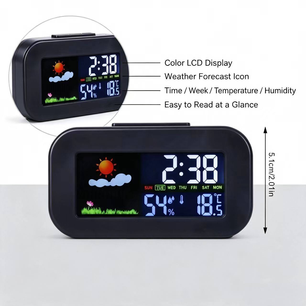 TEMU Indoor Temperature Humidity Monitor Color Lcd Weather Station Alarm Clock Digital Desktop Clock With Color Weather Icons Auto When Alarm Week