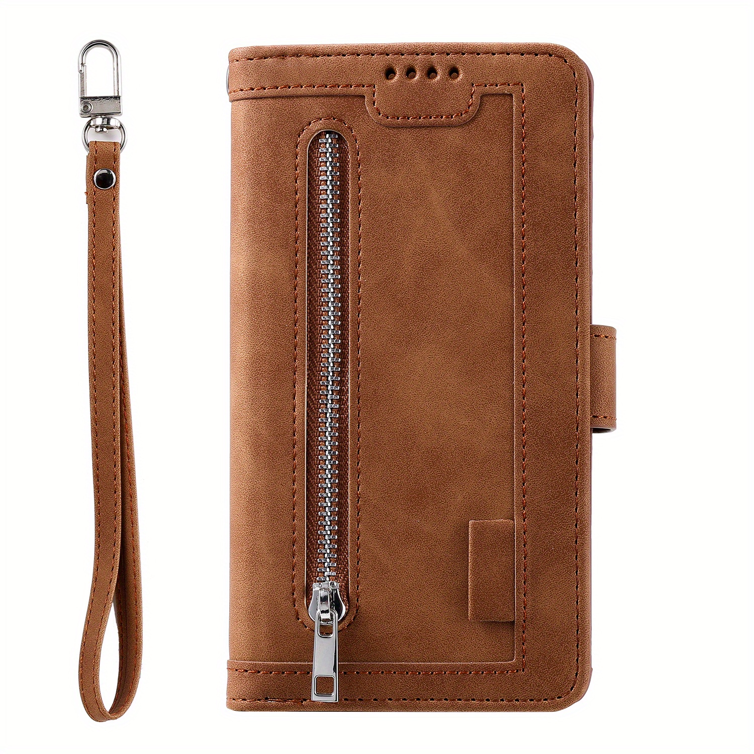 TEMU Phone Case: Brown Nine-card Zipper With Short Rope Multifunctional Synthetic Leather Mobile Phone Synthetic Leather Case Retro Phone Case