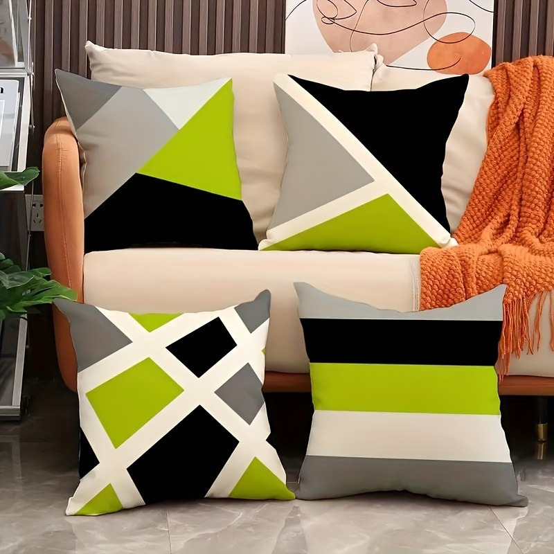 4pcs modern geometric print pillow covers green black white gray lime accents double sided soft fabric with zipper closure hand wash   sofa   room bedroom patio car office decor pillow covers for living room decorative gift item contemporary style comfortable texture home decor stylish decor durable cover accent pillows   Product details 0
