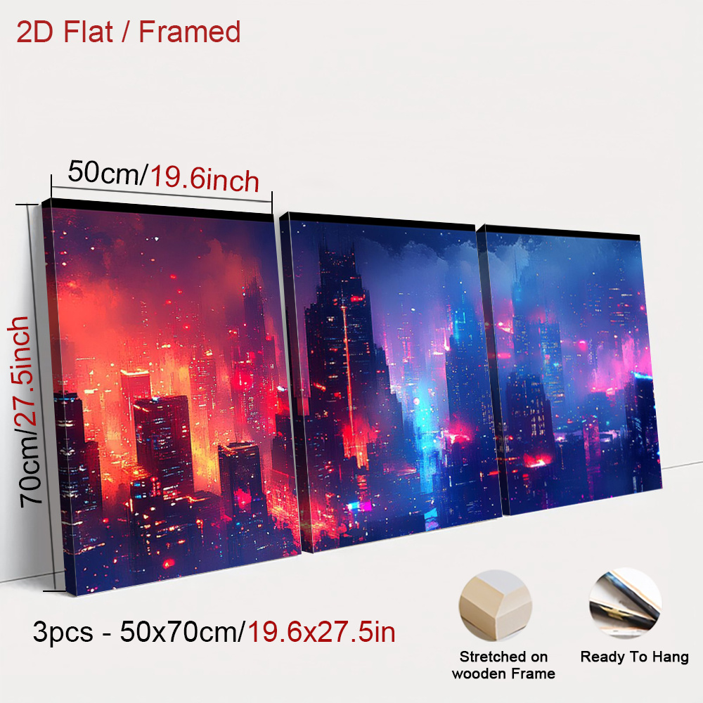 TEMU 2d Flat, 3pcs Framed Cyberpunk Neon Posters Suitable For Home Decor, Futuristic Art Prints With Vertical Frame, Modern Vertical Paintings For