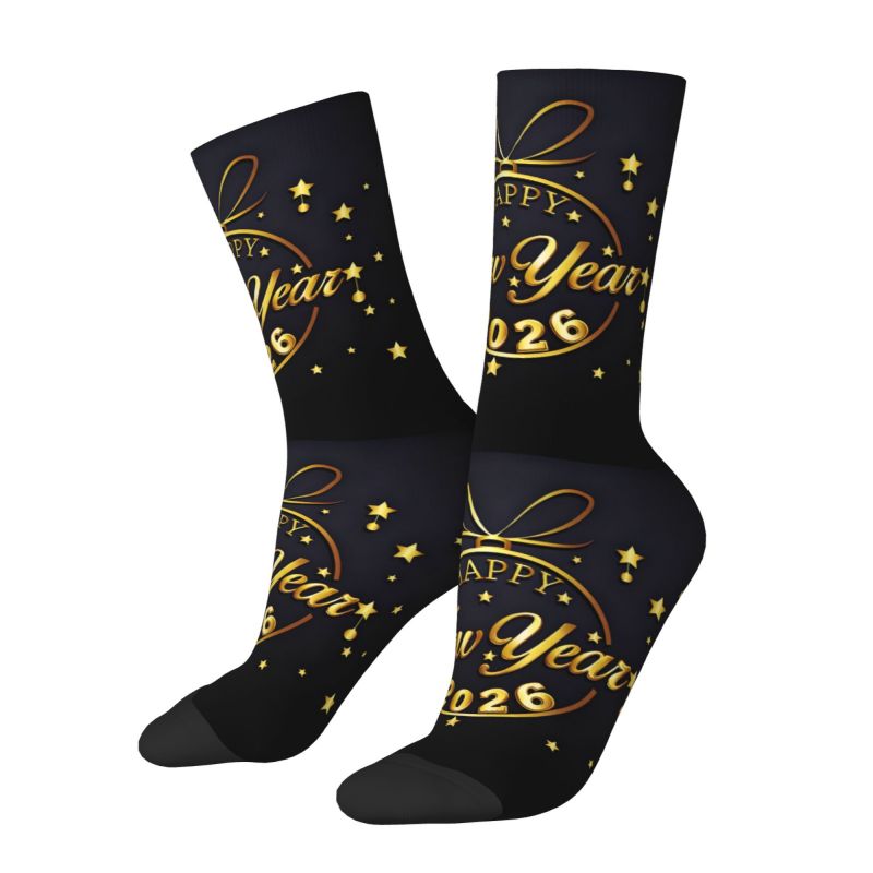 TEMU Light Golden 2026 New Year Theme Mid-calf Socks, Full Print Golden "happy New Year 2026" Artistic Font And Star Decoration Texture Socks