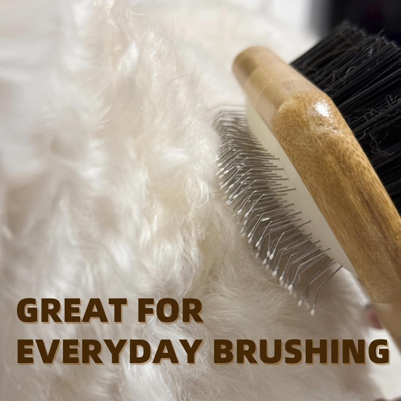 double-sided   grooming   handle & stainless steel detangling system - 2-in-1   brush for long/short hair, reduces shedding, removes  , promotes   -   for large breeds,  , british shorthair cats - heavy-duty metal & bamboo construction, ideal for   sizes - dual-sided brush for detangling & coat   & blood flow, pet grooming kit, bristle brush for dog, dog scrub brush, dog grooming accessories, Product details 2