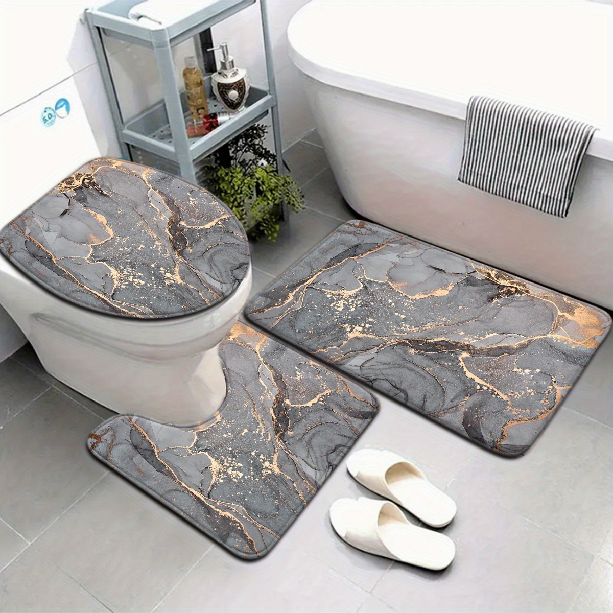 Image of Open 3pcs/4pcs Nordic Style Marble Pattern Bathroom Mat Set Toilet Seat Cover U-shaped Foot Pad