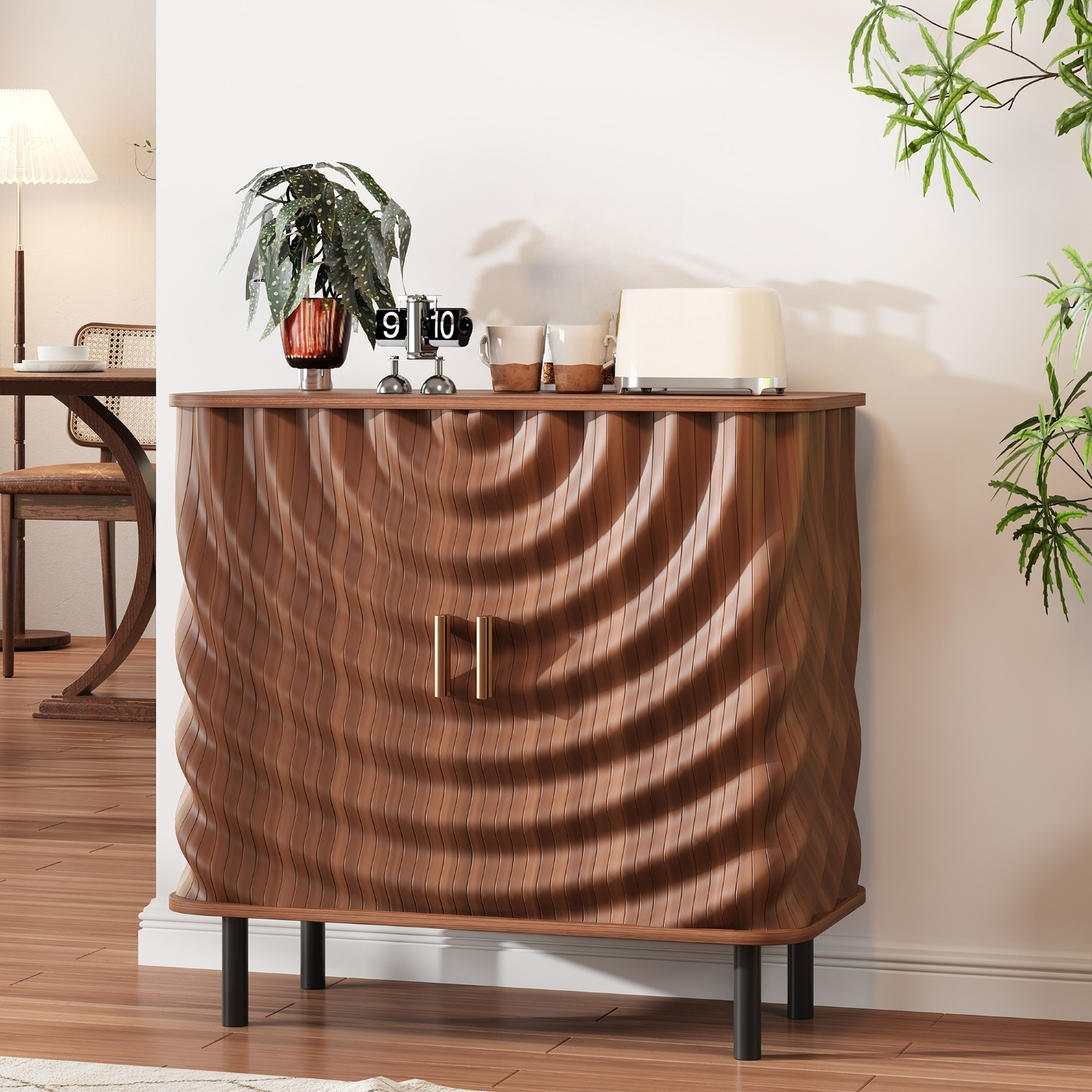 32" Walnut Entryway Sideboard Cabinet - Water Wave Door Storage Unit