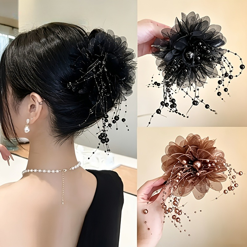 TEMU 2pcs Light Luxury Petal Beaded Tassel Hair Claw Clips, 11cm Large Shark Clips, Back-of-head Updo Hairpins, Shiny Rhinestone Beaded Tassel ,