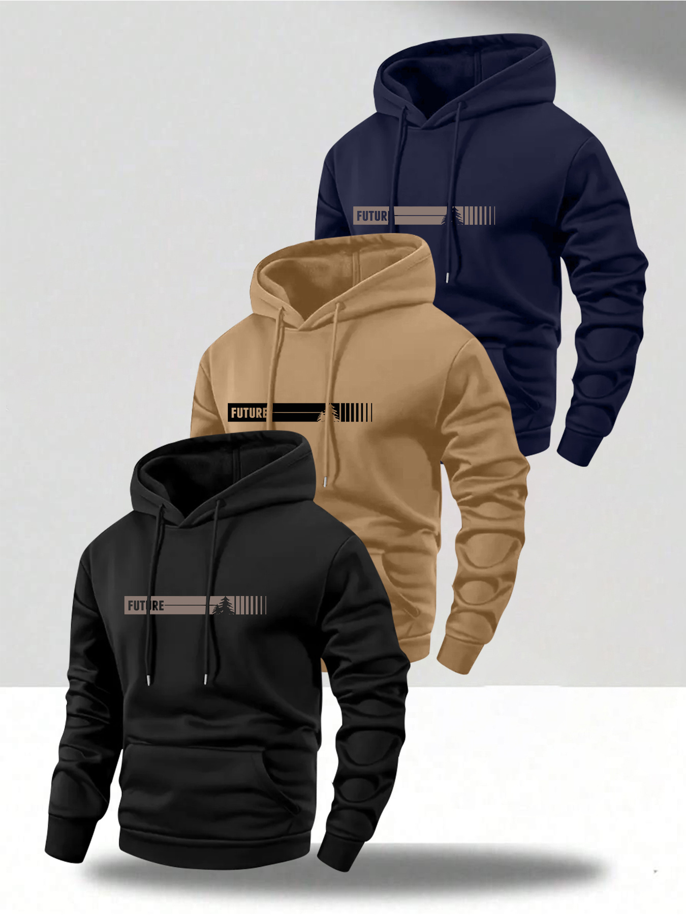 Men's 3pcs Hooded Sweatshirt Set, Long Sleeve Pullover with Kangaroo Pocket and Drawstring Hood, Graphic Print Streetwear for Gym, Jogging, Outdoor Activities, Machine Washable Casual Autumn/Winter Sportswear, Ideal for Daily Wear and Outdoor Use