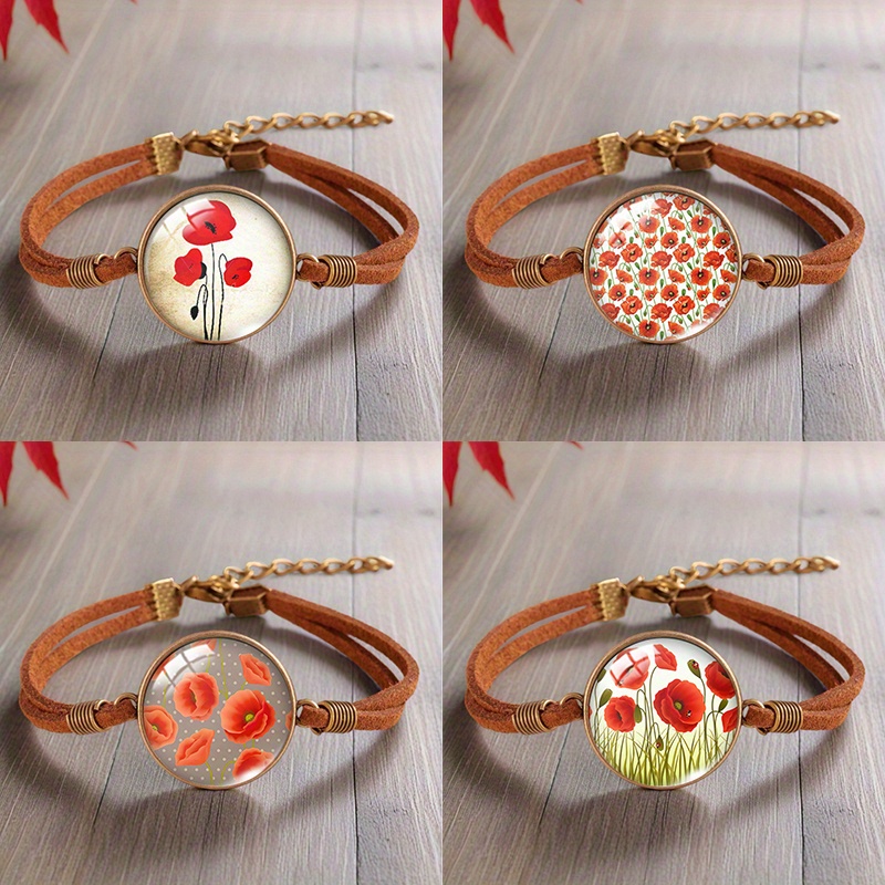 TEMU 4pcs Gorgeous Red Poppy Flower Pattern Round Glass Bracelet, Jewelry Gift For