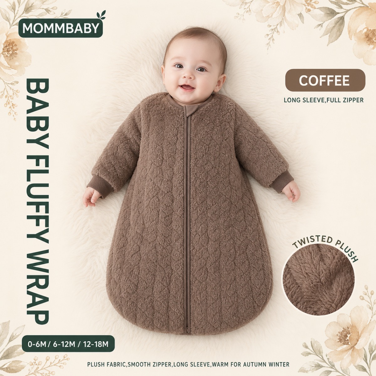 photo de l'article couverture bébé douce en peluche, tissu texturé café torsadé, manches longues, fermeture éclair intégrale, enveloppante pour bébé 0-6m 6-12m 12-18m vendue  