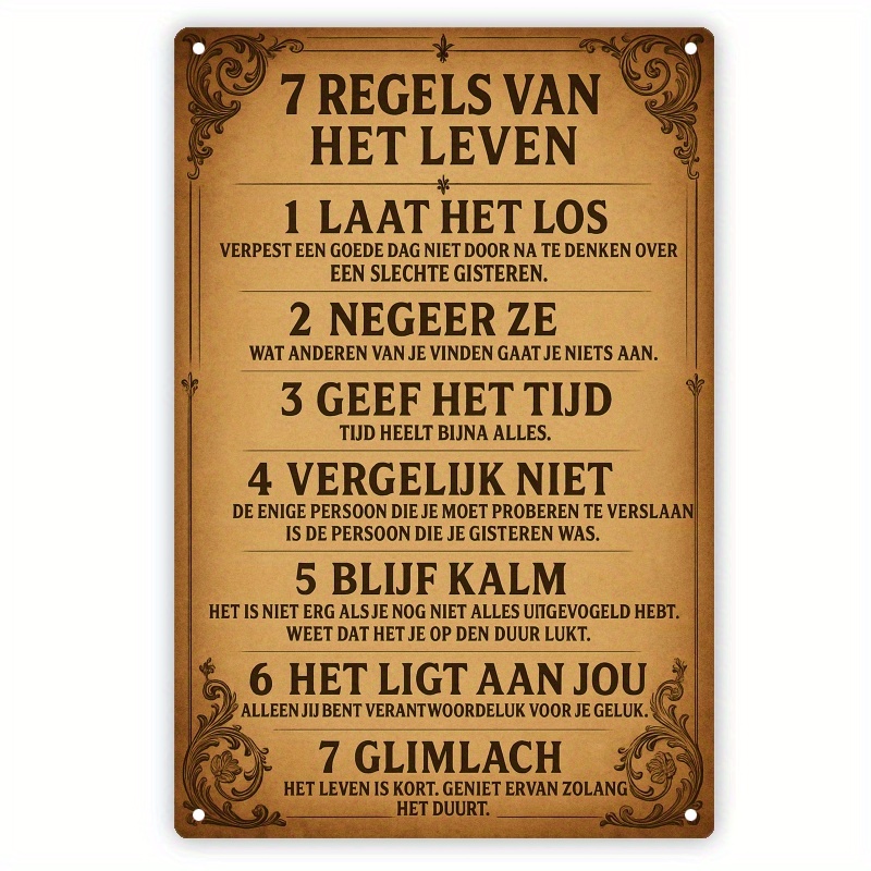 TEMU 2d Flat, 1pc Vintage Dutch "7 Rules Of Life" Metal Wall Sign - Rustic Iron Dutch Decor With English Translation, 12x8 Inch Life Art For Home,