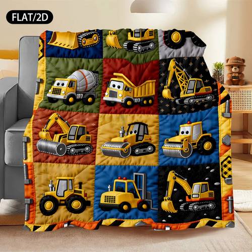 flat 2 print flannel throw blanket with construction vehicle theme warm soft and comfortable featuring cartoon patterns of excavators bulldozers and other suitable for bedrooms