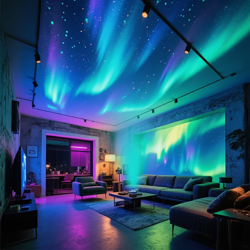 Compact LED Aurora projector sitting on a nightstand with remote control