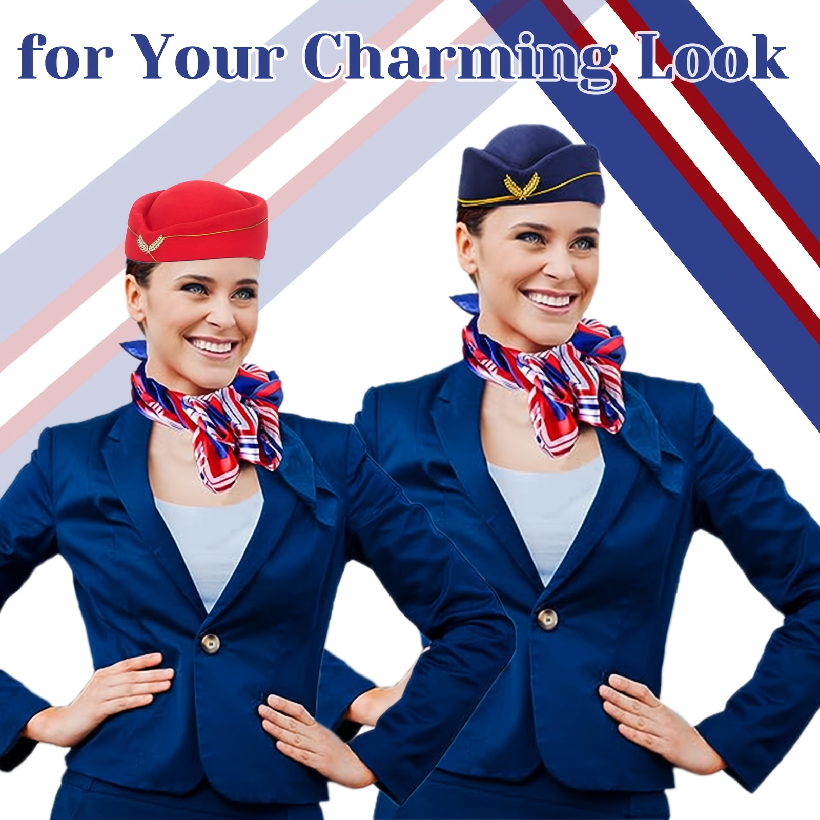 3pcs Women's Flight Attendant Costume Set with Hat, Scarf & Gloves