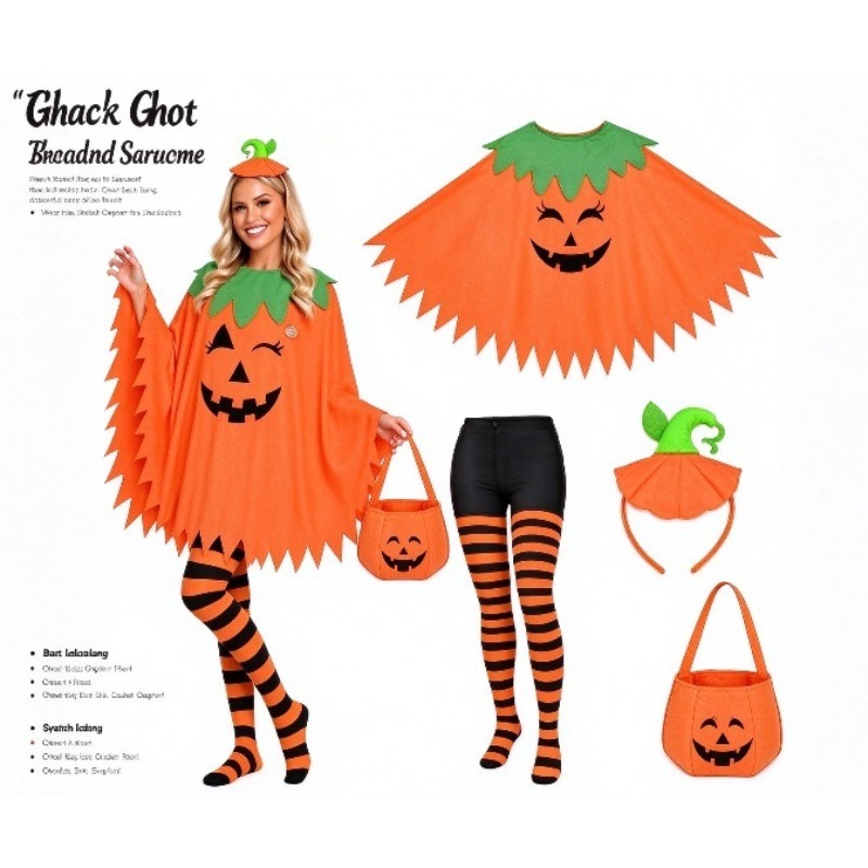 4pcs womens pumpkin costume set halloween pumpkin poncho with pumpkin headband striped tights and pumpkin candy bag for cosplay party
