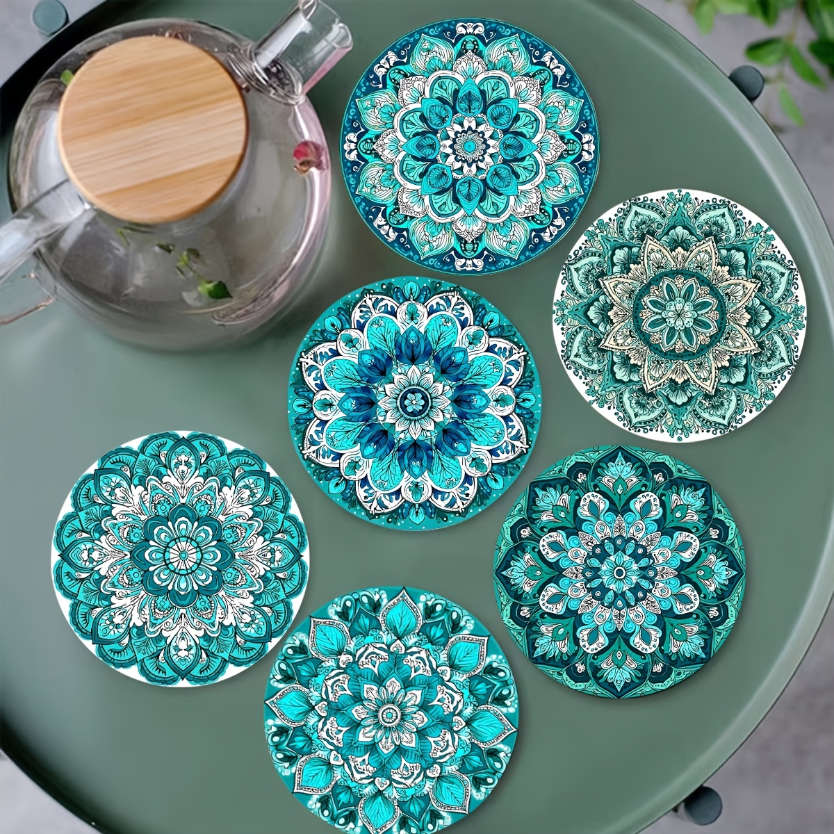 TEMU 2d Flat, 6pcs Wooden Coasters Hand-painted Mandala Floral Tea Coasters Non-slip Heat-resistant Pads Home Dining Table Coffee Coasters Creative