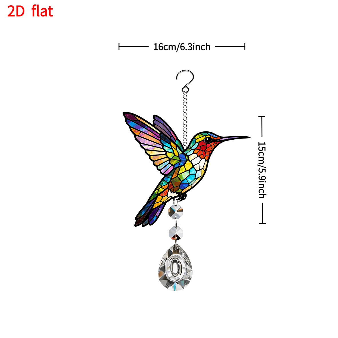 TEMU 1 2d Flat, Colorful Acrylic Hummingbird Wind Chime With Crystal Pendant, Suitable For Home, Window, And Garden Decoration. A Garden Decor