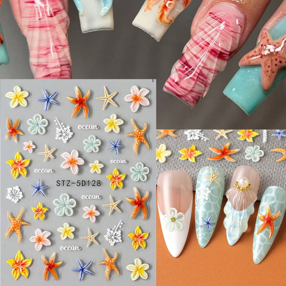 1pc 5d Embossed Floral Nail Art Stickers, Summer Hibiscus Starfish Pattern, Self-adhesive Nail Decals Suitable For Summer Autumn Manicure Nails